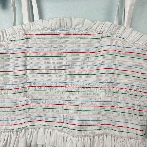 English Factory Smocked White Rainbow Midi Dress W/Pockets Adjustable Ties Sz M - Picture 7 of 16